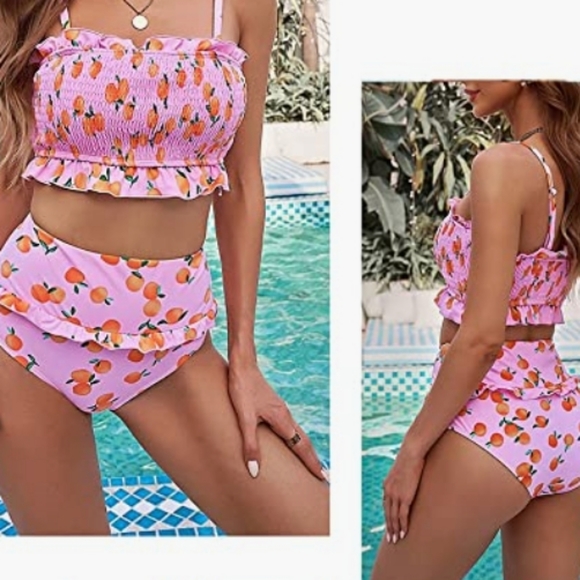 Pink 2PC Bandeau Bikini Off Shoulder High Waist Bathing suit - Picture 3 of 6